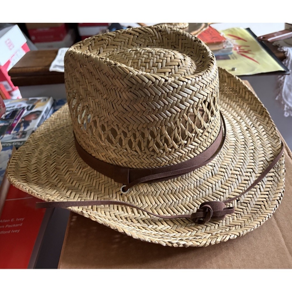 Broner Ventilated Western Straw Cowboy Hat Leather Chin Strap Size Large - Picture 10 of 15